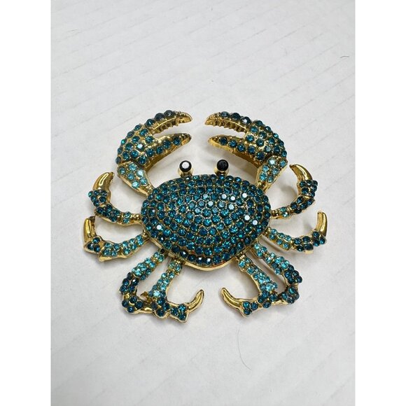 Blue Crab Brooch Teal Turquoise Rhinestones Gold Tone Fashion Jewlery Large Pin - Picture 2 of 5